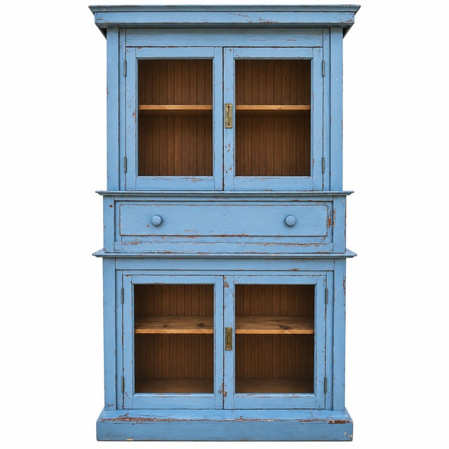 Shabby Chic Antique 19th Century European Pine Step-Back Cabinet With Original Hand Painted Blue Finish For Sale - Image 3 of 9