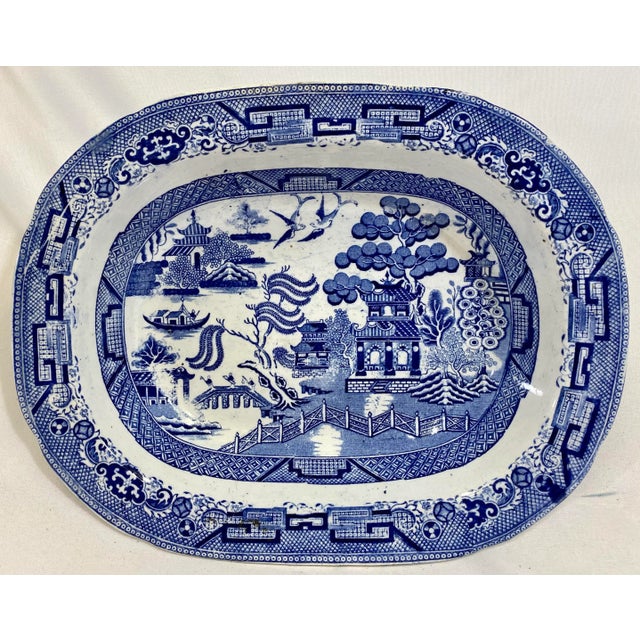 Antique Oval Blue Willow Serving Bowl Made in England - Circa 1900 For Sale - Image 4 of 13