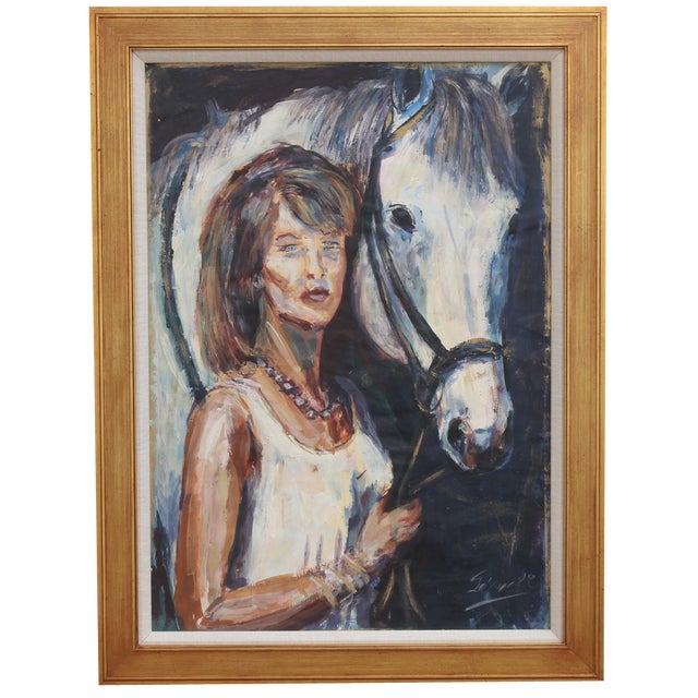 French School Artist, Portrait of a Woman and Her Horse, 1980s, Oil on Board, Framed For Sale