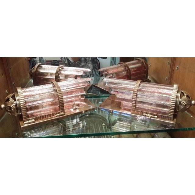 Vintage Art Deco Skyscraper Metro Light Wall Sconces in Copper Red Cameo Glass - a Pair For Sale - Image 6 of 8