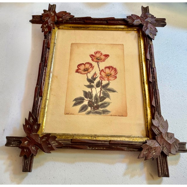 Rustic Mid 19th Century Lyman Byxbe “Columbine” and “Wild Rose” Prints in Criss Cross Corner Frames - Set of 2 For Sale - Image 3 of 12