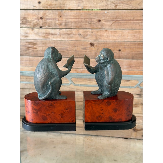 Vintage Maitland-Smith Style Bronze Patina Monkey Bookends on Burl Wood Bases – Pair For Sale - Image 11 of 12