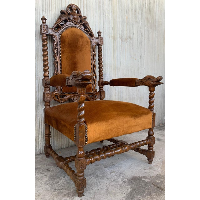 Louis XVI Style Spanish Pair of Carved Walnut Armchairs, 1900s For Sale - Image 4 of 18