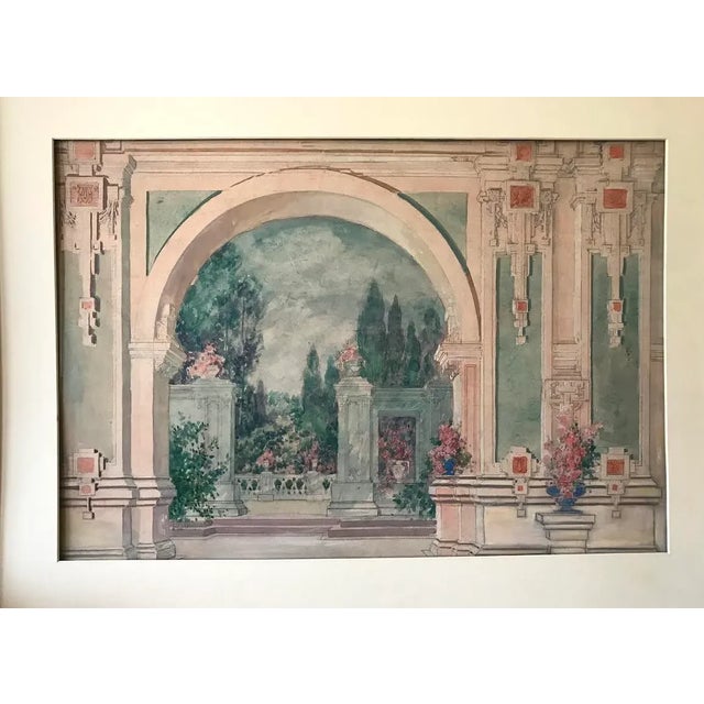 Original antique Italian neoclassical architectural palace garden watercolor. Watercolor on heavy card stock presented...