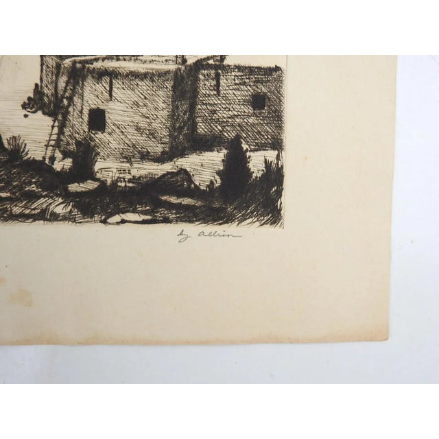 Vintage early 20th century etching on paper of Native American on horseback riding into adobe village. Signed Allison and...