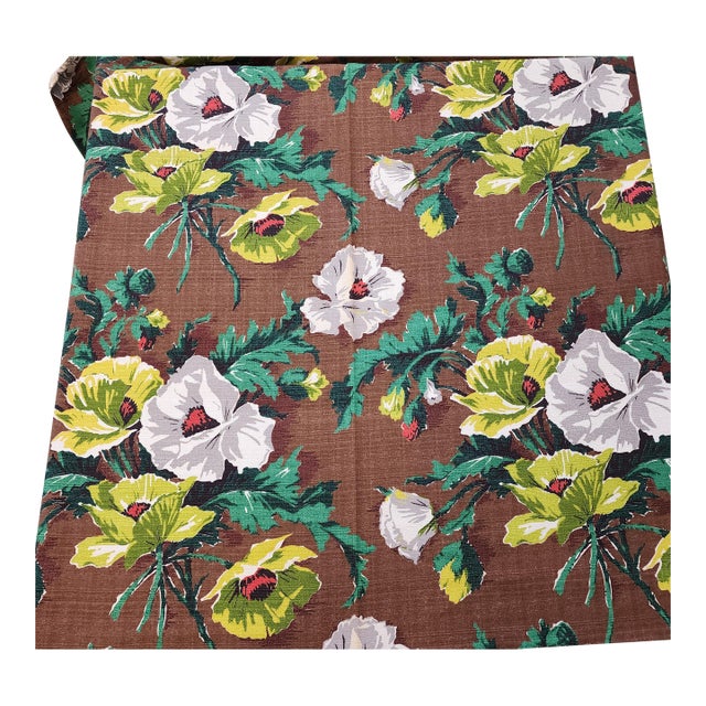 Rare 18 Yards Uncut Vintage 1940's Mid-Century Floral Barkcloth For Sale