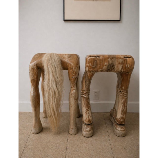 1960s 1960s Carved Wood Horse & Rider Stools – Sculptural Butcher Block Pair, One of a Kind For Sale - Image 5 of 5