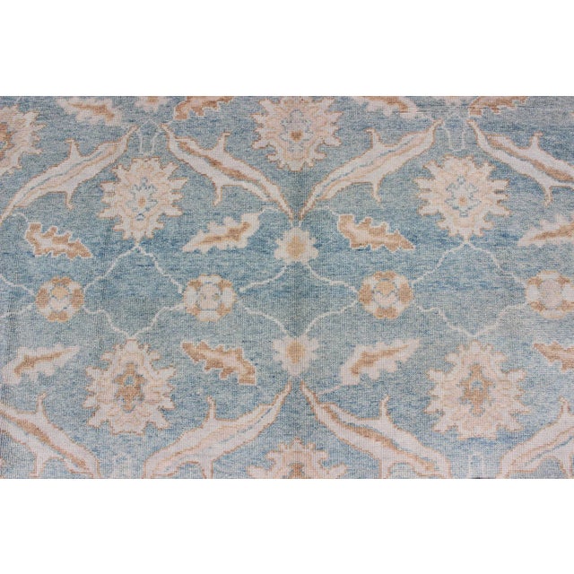 Square Turkish Oushak Rug in Light Blue, Light Brown, Salmon, Silver & Tan For Sale - Image 9 of 12