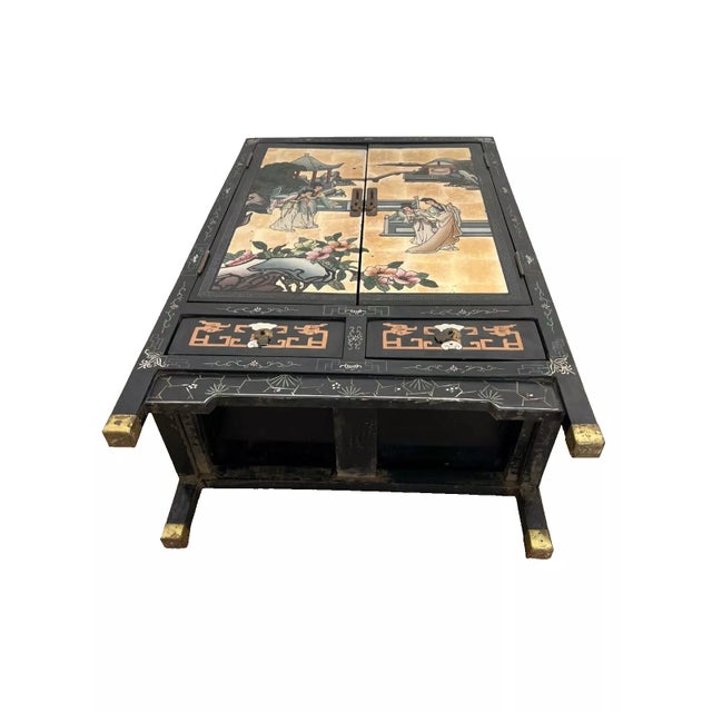 Mid Century Chinese Console Cabinet Double Doors, Two Drawers Chinoiserie Carved For Sale - Image 10 of 10