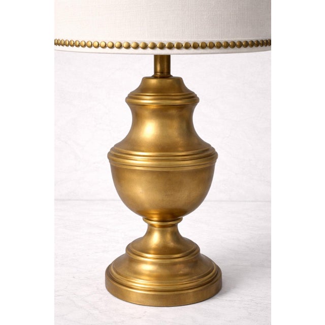 Transitional Vintage Solid Brass Table Lamps With Nailhead Linen Shades - a Pair For Sale - Image 3 of 5