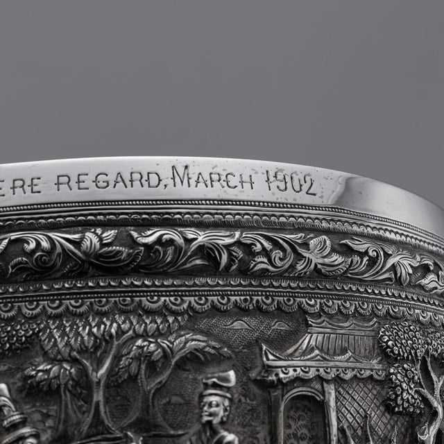 Antique Burmese Repoussé Silver Bowl with Jataka Tales Decow, 1900s For Sale - Image 17 of 18