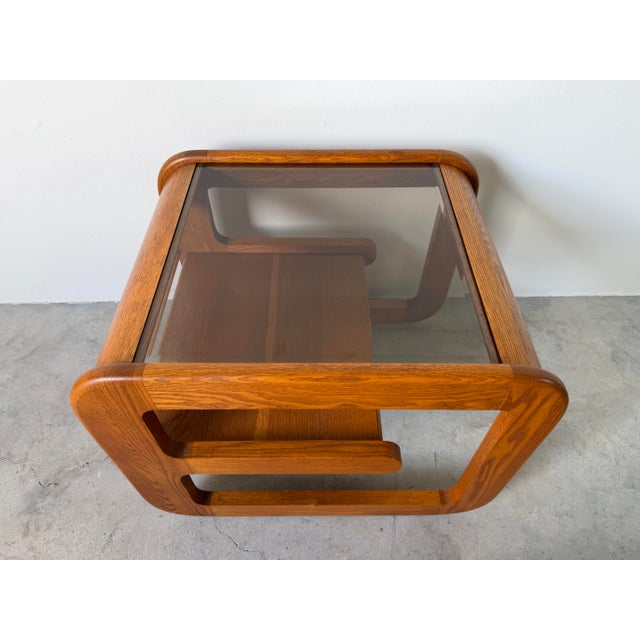 Mid-Century Modern 1970s Mid-Century Modern Lou Hodges Oak & Smoked Glass Top Side Table For Sale - Image 3 of 12