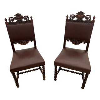 Antique Gothic Side Chairs Set of Two Barley Twist Legs Hand Carved Solid Oak For Sale