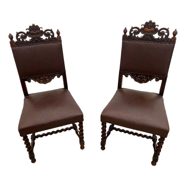 Antique Gothic Side Chairs Set of Two Barley Twist Legs Hand Carved Solid Oak For Sale