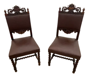 Antique Gothic Side Chairs Set of Two Barley Twist Legs Hand Carved Solid Oak