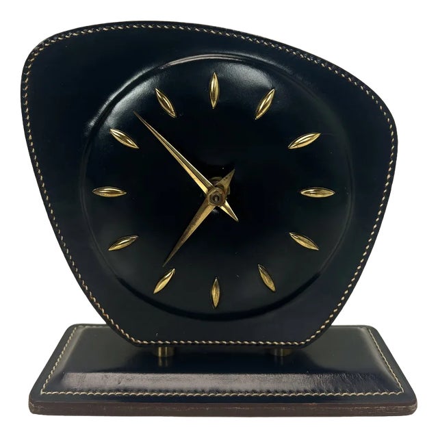 Leather Table Clock attributed to Jacques Adnet, 1950s For Sale