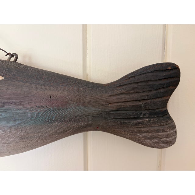 Wood Vintage New England-Style Hand-Carved Fish Bait & Tackle Folk Art Sign For Sale - Image 7 of 13