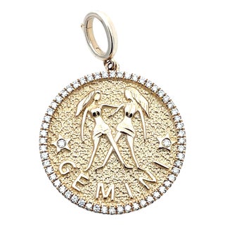 14k Yellow Gold Gemini Zodiac Diamond Charm/Pendant For Sale
