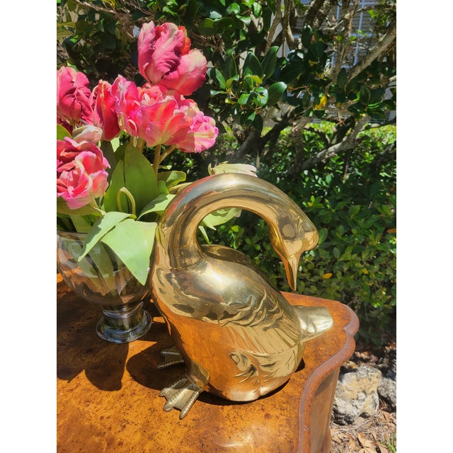 Massive Vintage Hollywood Regency Solid Brass Heavy Ducks Geese Tall Room Decor Statues- A Pair For Sale - Image 10 of 11