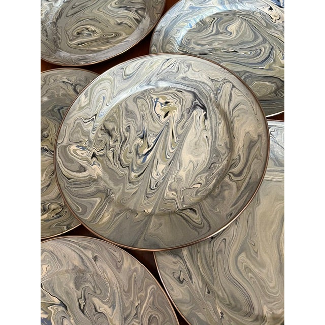 1990s S/6 Vintage Mackenzie Childs Enamel Marble Patterned Chargers/Dinner Plates For Sale - Image 5 of 7