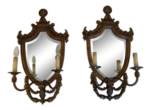 Handsome Shield Back Mirror Two-Arm Sconces With Bronze Medallion Top - a Pair