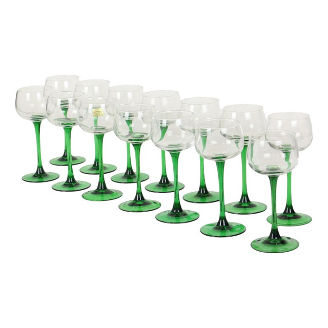 Vintage Alsace Wine Glasses with Green Stems from Luminarc, 1970s, Set of 14 For Sale