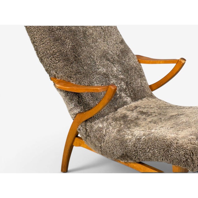Wood Jio Möbler, Chaise Lounge, Gray Shearling, Elm, Sweden, 1960s For Sale - Image 7 of 13