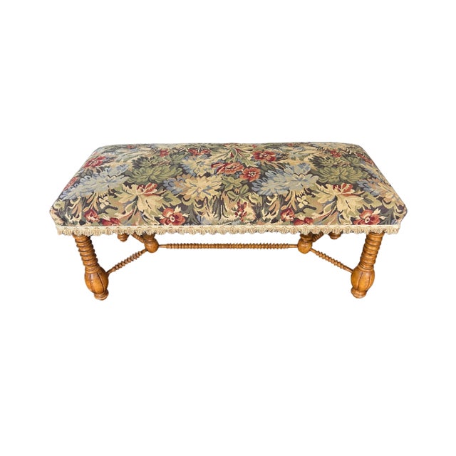 Vintage Jacobean Tapestry Hall Bench with Turned Wood Legs, Scalloped Fringe & Upholstered Floral Seat Infuse your...