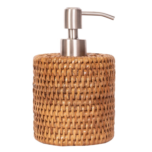 Boho Chic Artifacts Rattan Stainless Steel Polished Finish Soap Pump Dispenser in Brown For Sale - Image 3 of 3