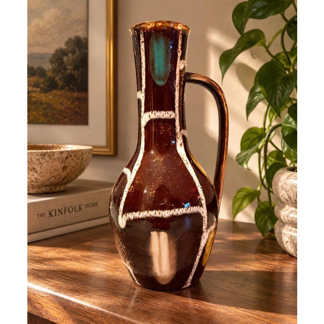 Vintage Mid-Century Modern Fohr Keramik West Germany Geometric Art Pottery Brown, Turquoise & Gold Pitcher Vase For Sale - Image 4 of 5