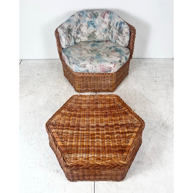 Boho Chic Vintage Braided Wicker Rattan Hexagonal Chair and Ottoman Set For Sale - Image 3 of 11