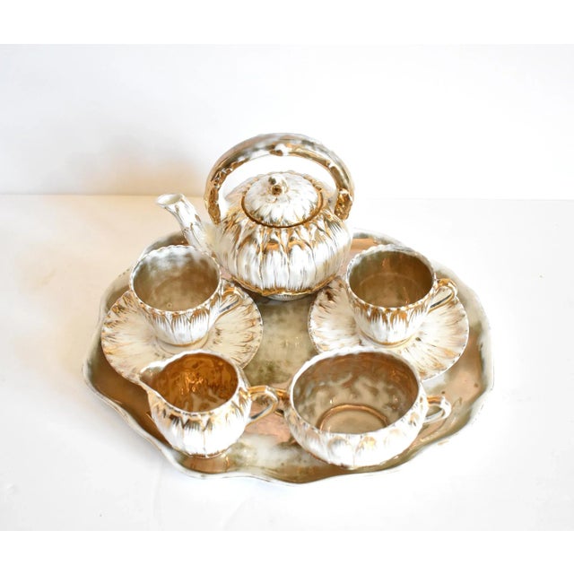 Antique Gold & White Porcelain Flower Petals Demitasse Tea Service - Set of 8 For Sale - Image 4 of 13