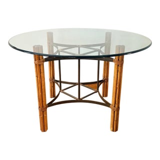 Vintage Rattan and Bamboo Round Glass Top Dining Table in the Style of McGuire For Sale