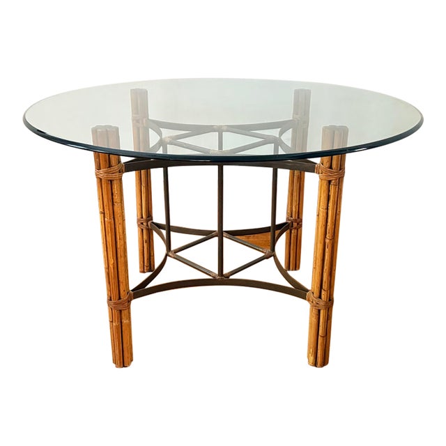 Vintage Rattan and Bamboo Round Glass Top Dining Table in the Style of McGuire For Sale