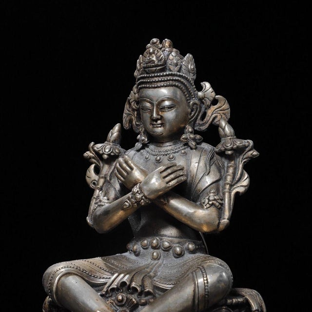 Metal Vintage Silver-Plated Bronze Vajradhara Statue Buddhist Deity Sculpture 9.8" For Sale - Image 7 of 9