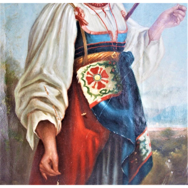 Antique 1800’s Continental Painting of Young Costumed Girl For Sale - Image 4 of 9