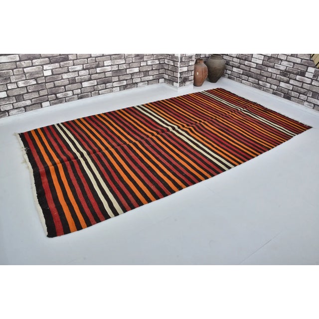 Vintage Mid-Century Turkish Striped Kilim Runner Rug in Orange, Red & Cream For Sale - Image 11 of 14