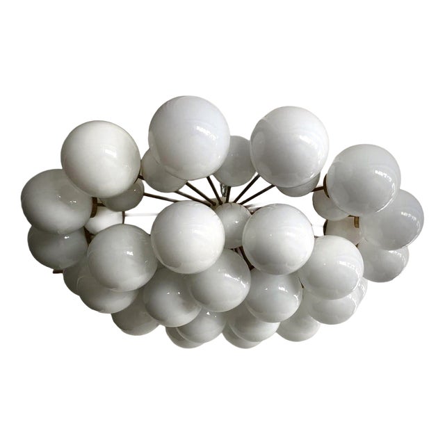 Mid-Century Modern Murano White Art Glass and Brass Chandelier, 2000 For Sale