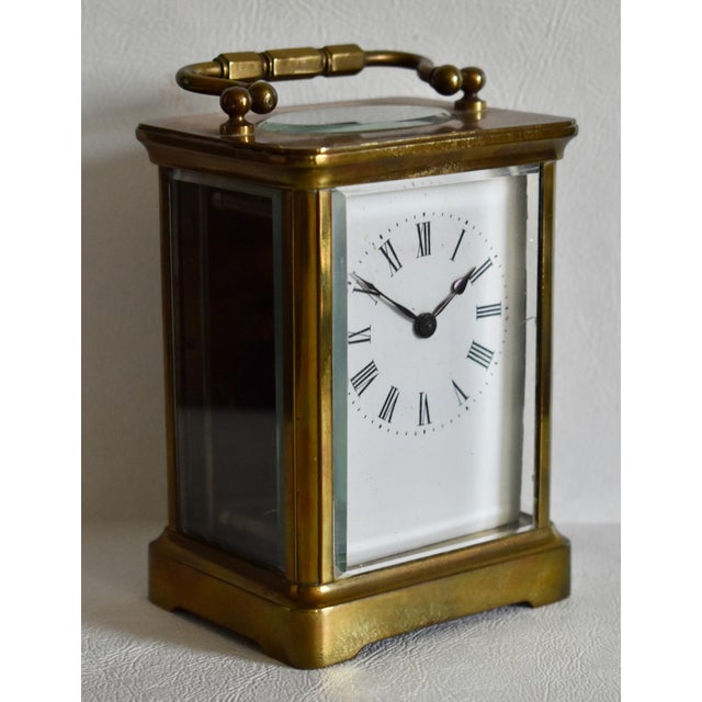 Brass Corniche Carriage Clock Antique French Beveled Glass Mechanical For Sale In Philadelphia - Image 6 of 15