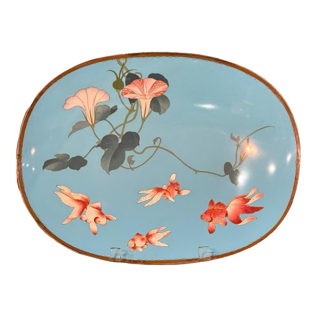 Signed Gonda Japanese Cloisonne Enamel Tray With Goldfish and Morning Glory For Sale