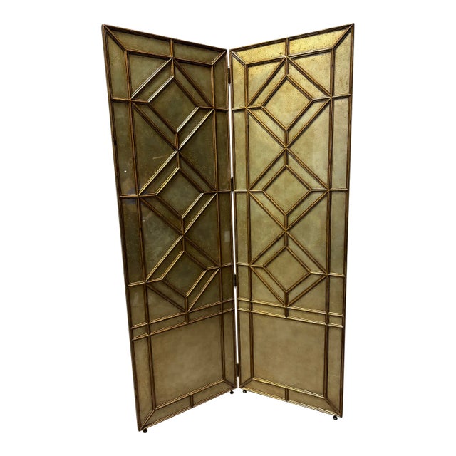 Theodore Alexander Attributed Two Panel Diamond Pattern Gold Leaf Screen For Sale