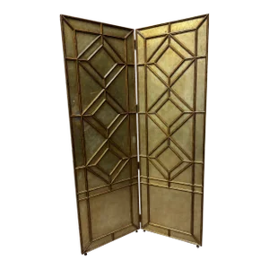 Theodore Alexander Attributed Two Panel Diamond Pattern Gold Leaf Screen