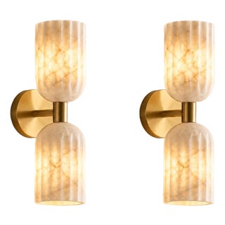 Handcrafted Brass & Natural Alabaster, Double Wall Sconces, Bathroom & Bedroom Lighting - Pair For Sale