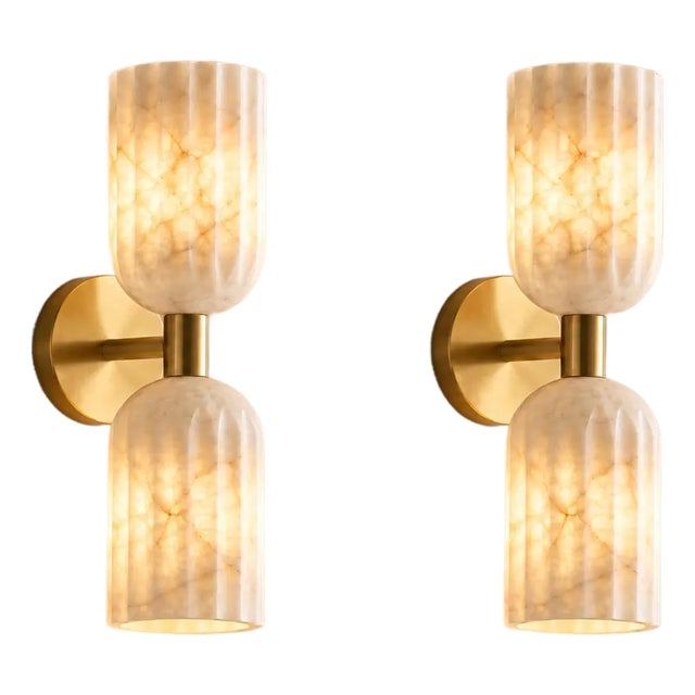 Handcrafted Brass & Natural Alabaster, Double Wall Sconces, Bathroom & Bedroom Lighting - Pair For Sale