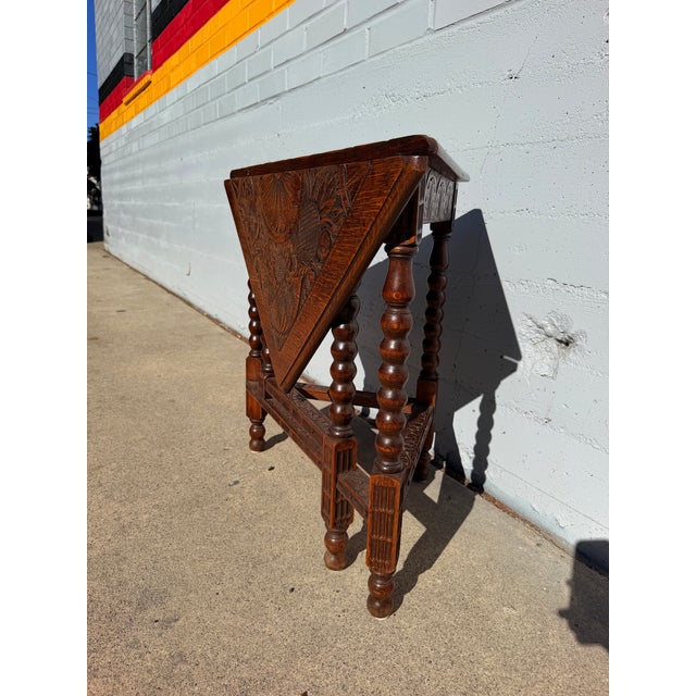 Antique English Carved Oak Folding Side Table – Bobbin Turned Legs For Sale In Los Angeles - Image 6 of 7