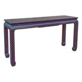 Asian Modern Grasscloth Wrapped Ming Style Console Tables Att. Baker Furniture For Sale