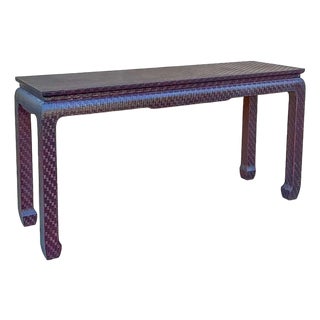 Asian Modern Grasscloth Wrapped Ming Style Console Tables Att. Baker Furniture For Sale