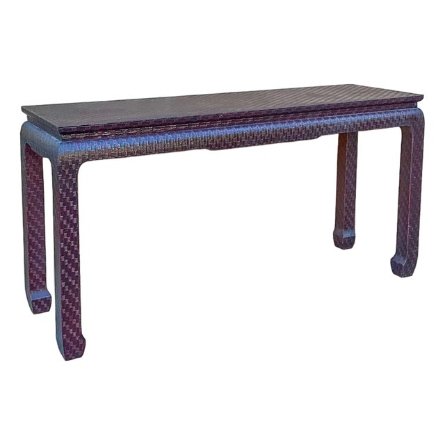 Asian Modern Grasscloth Wrapped Ming Style Console Tables Att. Baker Furniture For Sale