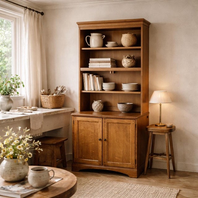 Vintage Hooker Furniture Oak Hutch Cabinet With Open Shelving, 20th Century For Sale - Image 4 of 15