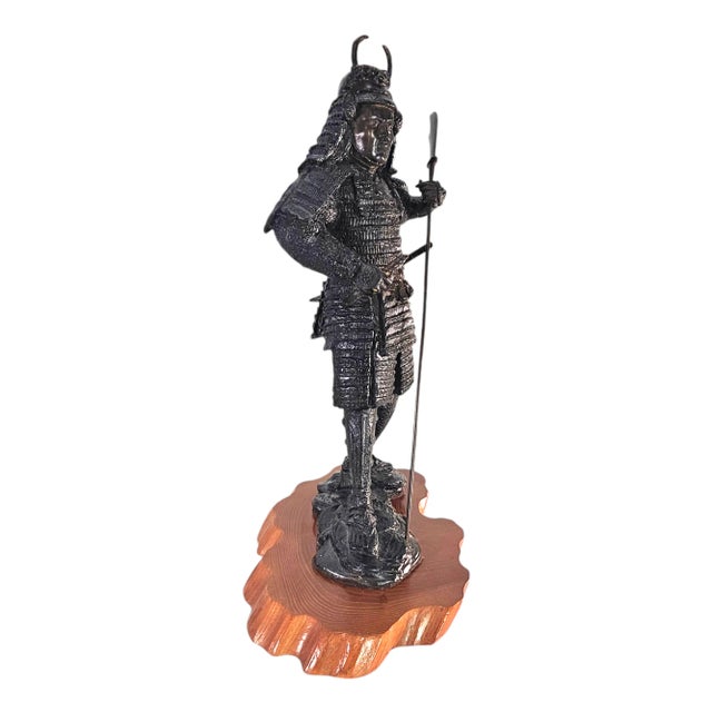 Japanese Japanese Samurai Cast Bronze Sculpture and Live Edge Platform 18" For Sale - Image 3 of 11